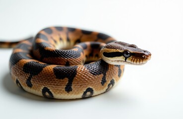 Fototapeta premium A coiled ball python snake with brown orange and black markings rests on a clean white background. This reptile shows its patterned scales and head with dark eyes and a forked tongue.