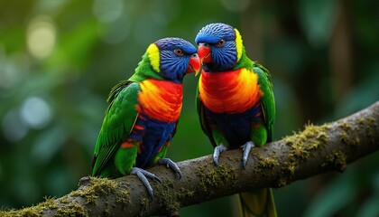 Fototapeta premium Two colorful lorikeets sit close on a mossy tree branch. Their vibrant feathers show blue heads yellow cheeks and red chests. Green wings rest against dark blue bodies.