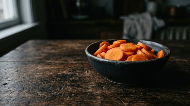 Freshly Sliced Vibrant Orange Carrots Arranged Neatly On A Rustic Wooden Table, Ready For Healthy Cooking Or Snacking