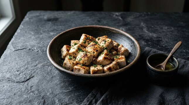 Fresh Raw Chicken Cubes Neatly Arranged In A White Ceramic Bowl, Ready For Healthy Meal Preparation In A Clean Kitchen Setting.