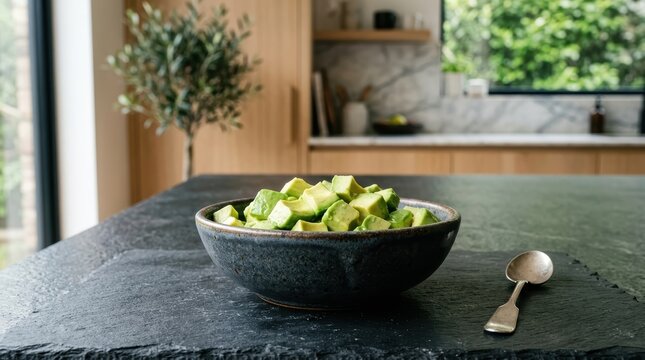 Freshly Cut Avocado Cubes In A Rustic Ceramic Bowl, Ready For A Healthy Meal Or Snack