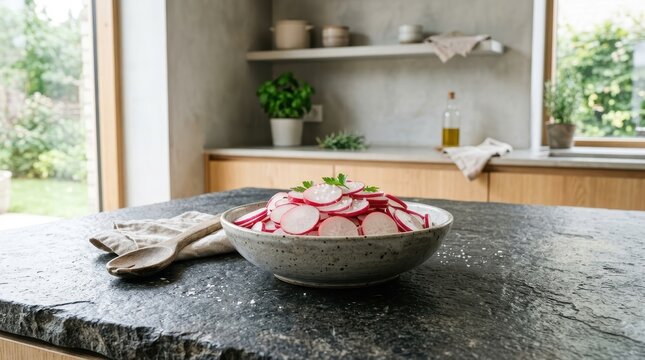 Vibrant Fresh Radishes In A White Ceramic Bowl, Ready For Healthy Eating And Culinary Delights