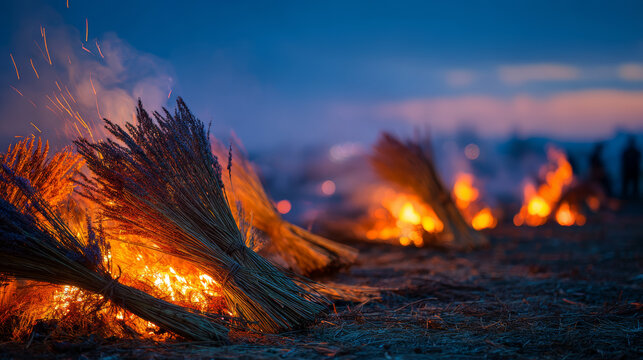 Chaharshanbe evening tradition, colorful wheat grass burning gently in small arranged bundles, symbolic ritual for making wishes, soft warm flames with glowing sparks, dark early spring sky