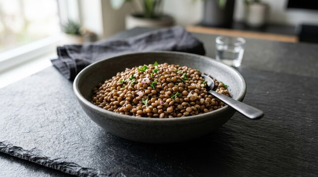 Nutritious Cooked Brown Lentils Served In A Simple Ceramic Bowl, Ready For A Healthy Meal