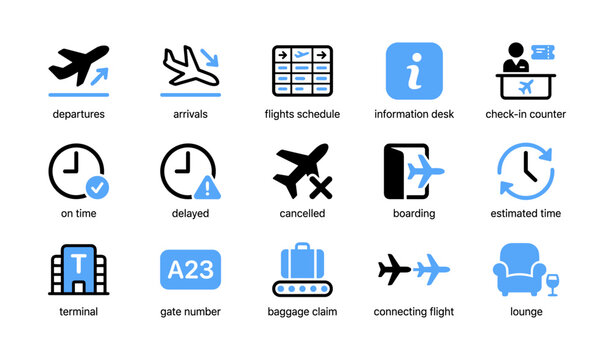 Airport and flight service icons displayed on white background