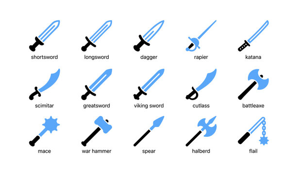 Various melee weapons illustrated as icons on white background