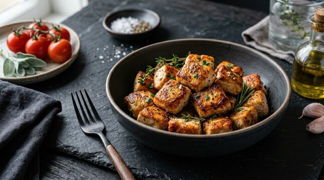 Golden Roasted Chicken Cubes In A White Ceramic Bowl, Ready To Serve For A Healthy And Delicious Meal