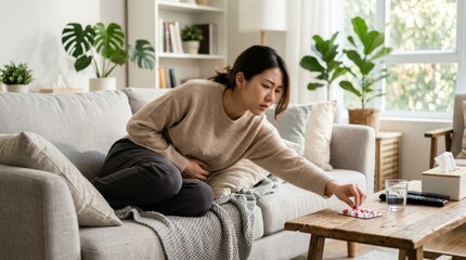 Fototapeta premium A Young Woman Experiencing Discomfort Takes A Pill To Alleviate Her Pain, Reflecting Themes Of Health And Wellness.