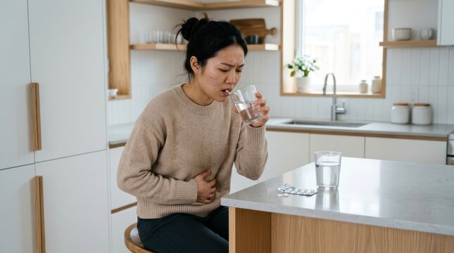 A Young Woman Experiencing Discomfort Takes A Pill To Alleviate Her Pain, Reflecting Themes Of Health And Wellness.