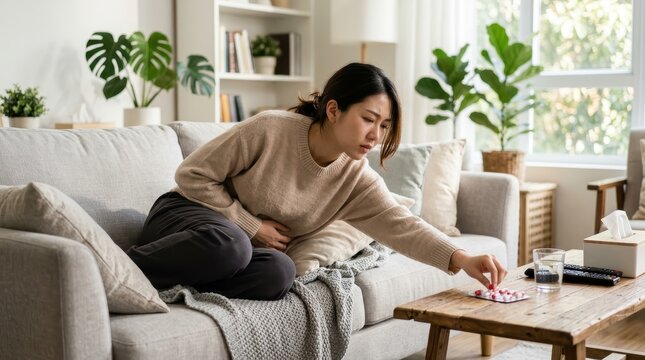 A Young Woman Experiencing Discomfort Takes A Pill To Alleviate Her Pain, Reflecting Themes Of Health And Wellness.