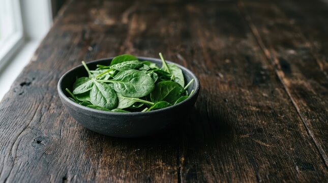 Fresh Green Spinach Leaves Scattered On A Rustic Wooden Table, Ready For Healthy Cooking And Meal Preparation.