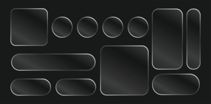 Futuristic glassmorphism ui design elements with metallic silver borders on black background.