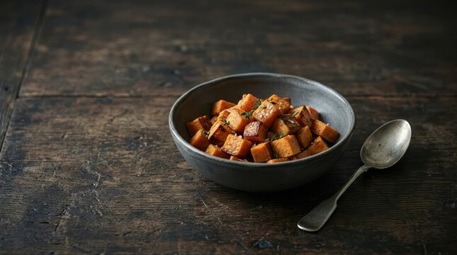 Freshly Diced Sweet Potato Cubes Arranged On A Rustic Wooden Table, Ready For Healthy Cooking And Meal Preparation