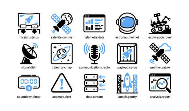 Space mission and telemetry icons for launch and monitoring