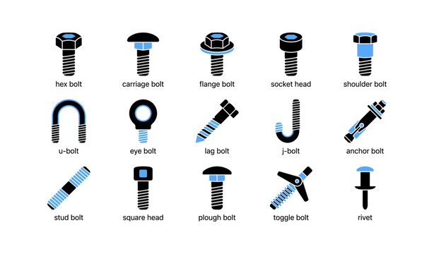 Multiple bolt and fastener icons arranged on white background