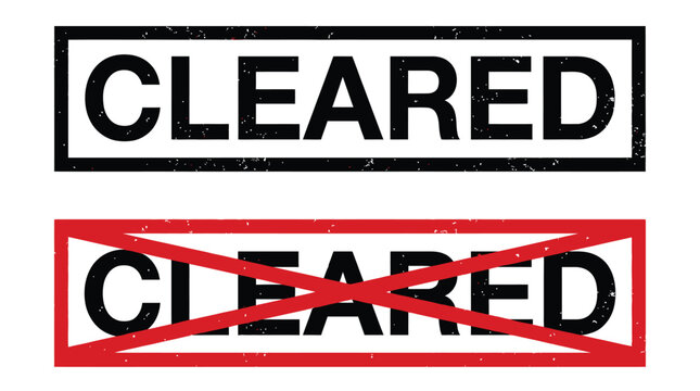 Bold vector illustration of rectangular rubber stamps featuring the word cleared with distressed textured effects