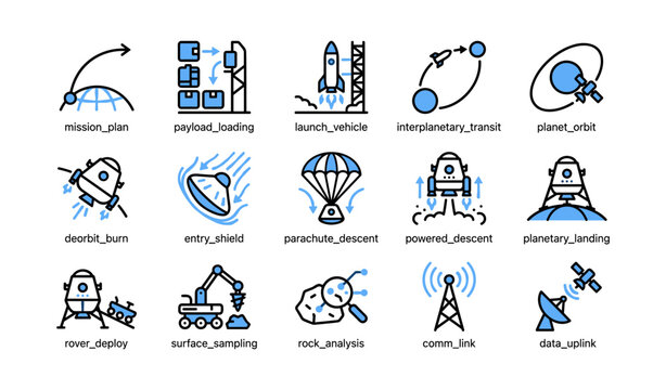 Space mission and landing procedure icons on white background