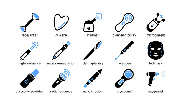 Facial treatment icons showing beauty devices and tools on background