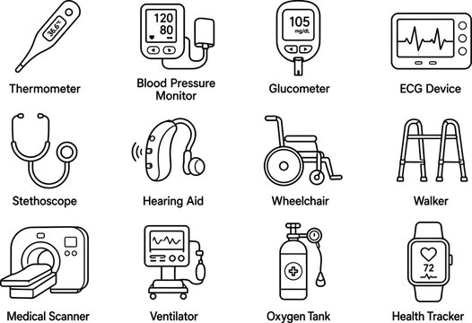 Medical Equipment Icons Collection Black Line Art On White Background