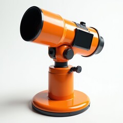 Fototapeta premium Orange telescope rests on stable base. Device has adjustable mount and digital screen. Modern instrument for space observation and backyard astronomy exploration.