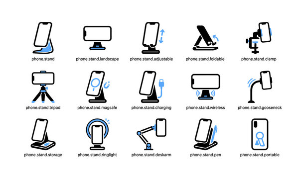 Phone stand icons arranged in labeled grid on white background