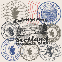 Obraz premium Scotland Cairngorms National Park Postmark Stamps Vector Illustration Collage Background