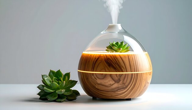 Decorative aromatherapy diffuser with small succulent and vapor mist against a clean background