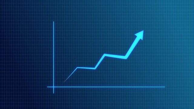 Glowing blue arrow chart with new high revenue, growth earning business success report concept, uptrend, graph raising profits market, investment price trend line animation, 4k
