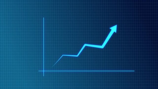 Glowing blue arrow chart with new high revenue, growth earning business success report concept, uptrend, graph raising profits market, investment price trend line animation, 4k