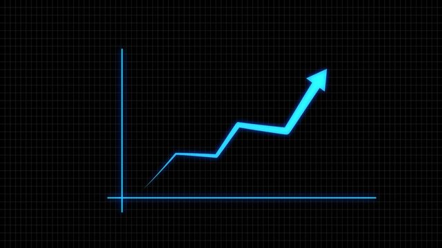 Glowing blue arrow chart with new high revenue, growth earning business success report concept, uptrend, graph raising profits market, investment price trend line animation, 4k