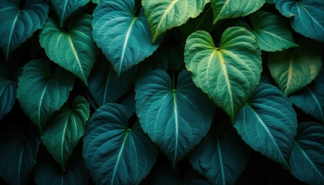 Close-up view of large, textured green and blue plant leaves forming dense natural background. Veins are clearly visible on waxy foliage, creating lush jungle pattern. Vibrant colors suggest growth.