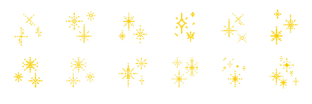 Set of pixel sparkle and stars. Scattered 8-bit glitter elements. Retro Y2K shapes with yellow light.