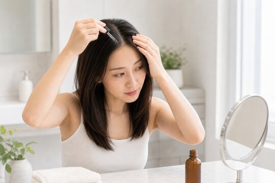 頭頂部を気にする男性の洗面室ポートレート