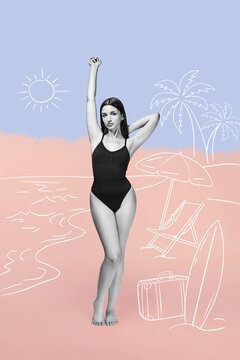 Authentic young woman with a healthy body giving advice on beach vacations. Concept of natural beauty. Holiday, travel.