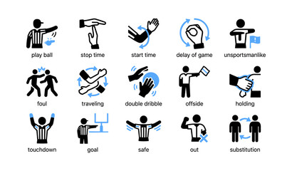 Obraz premium Referee signals icons showing football calls on white background