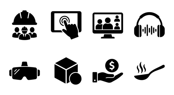 Modern Technology and Business Icons: VR Headset, 3D Cube, Audio Waveform, Teamwork, Digital Interface, Online Meeting, Investment, Hot Food