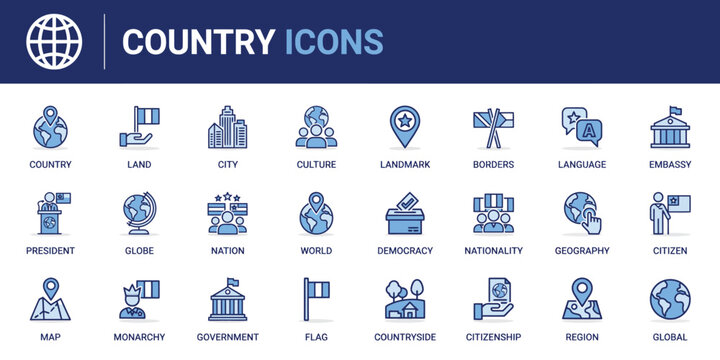 Colorful country icons set with various symbols and themes