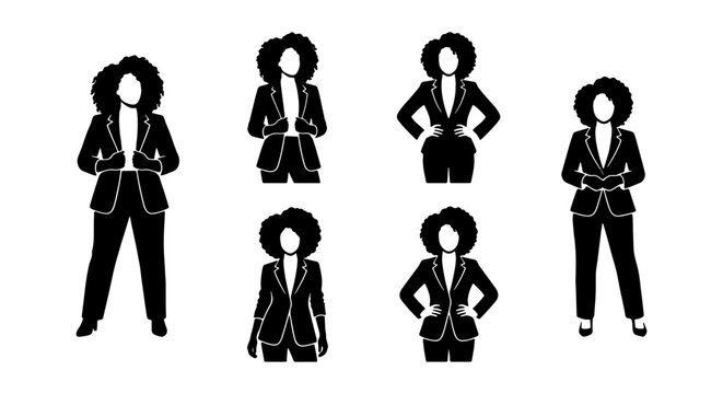 Diverse Businesswomen Silhouettes, Professional Female Figures, Corporate Attire Icons, Modern Afro Hairstyle Vector Set