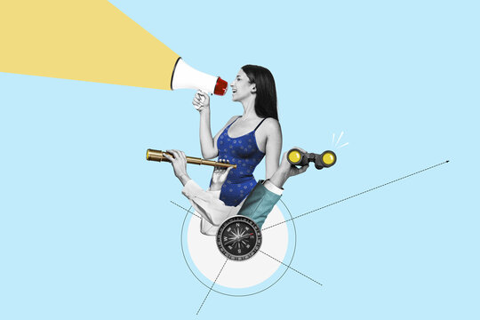 Signpost - a hands with binoculars and telescope and a woman promoting holidays with a megaphone. Compass. Business analytics and strategic. Find a way.