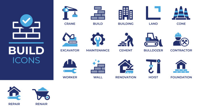 Construction icons set with various equipment and roles