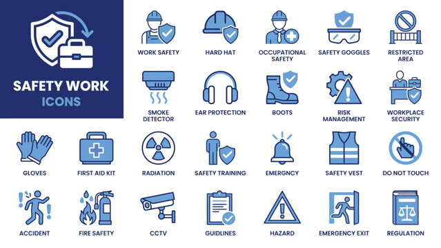 Safety work icons set, colorful and detailed