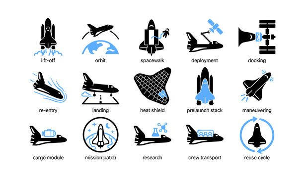 Space shuttle icons illustrating mission stages and operations in grid