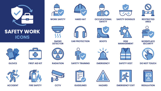 Safety work icons set with various symbols and equipment