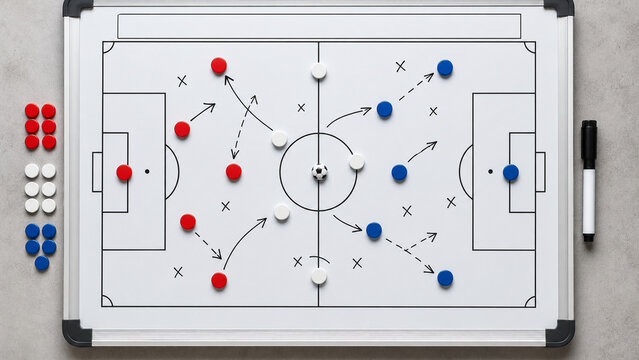 Overhead view of a soccer coach tactics board with red and blue magnets, arrows, player positions, and a marker for match strategy planning.