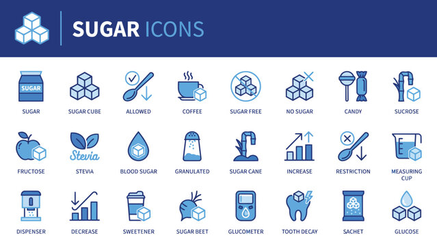 Assorted sugar icons set in blue color