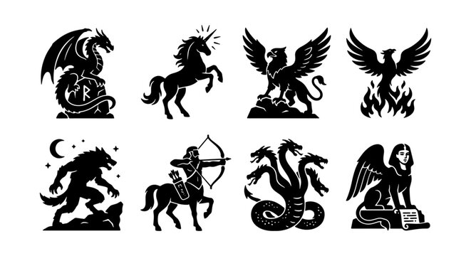 Mythical Creatures Vector Icons Set: Dragon, Unicorn, Griffin, Phoenix, Werewolf, Centaur, Hydra, Sphinx