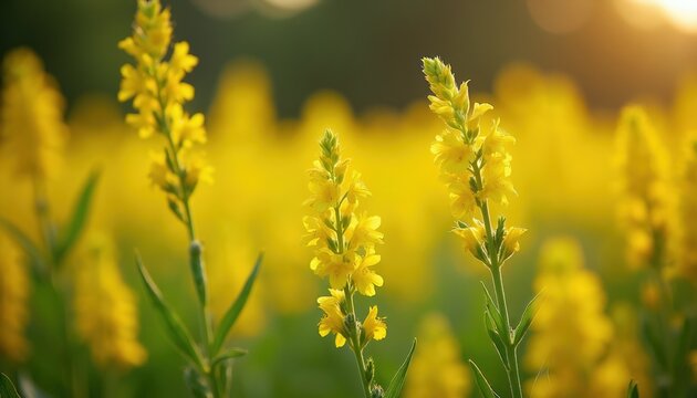 Field of bright yellow birdsfoot deervetch flowers in soft sunlight. Small yellow blossoms grow on green stems. Nature scene with vibrant plant life blooming.