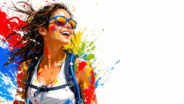 A happy young woman with sunglasses and a backpack celebrates during a color run festival, covered in vibrant paint splashes against a clean white background with copy space.