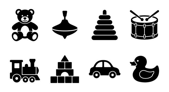 Classic Toy Icons: Teddy Bear, Spinning Top, Stacking Rings, Drum, Train, Blocks, Car, Rubber Duck