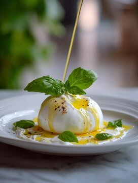 Pouring olive oil on fresh burrata cheese with basil